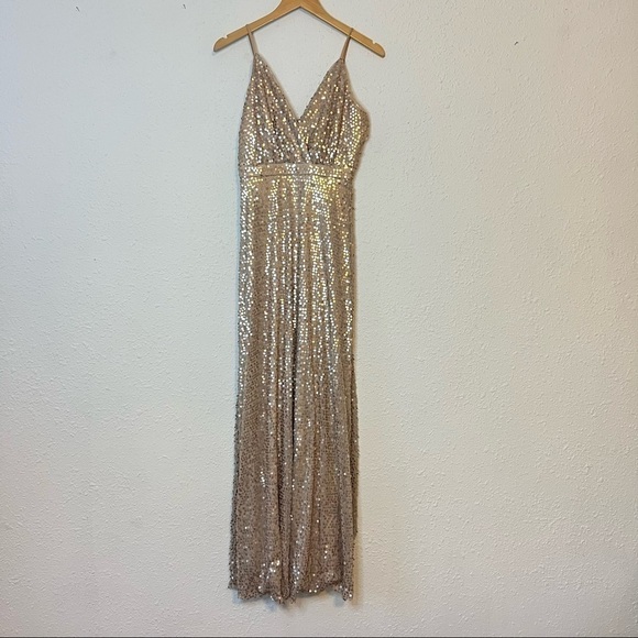 Lulu’s Gold Sequin Maxi Dress V-Neck Front Small - Picture 3 of 12
